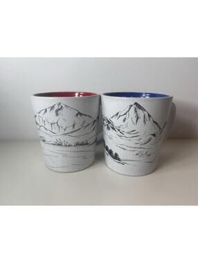 Tim Hortons 2018 Red Hockey Net & Ski Mountains Blue & Red Coffee Mugs